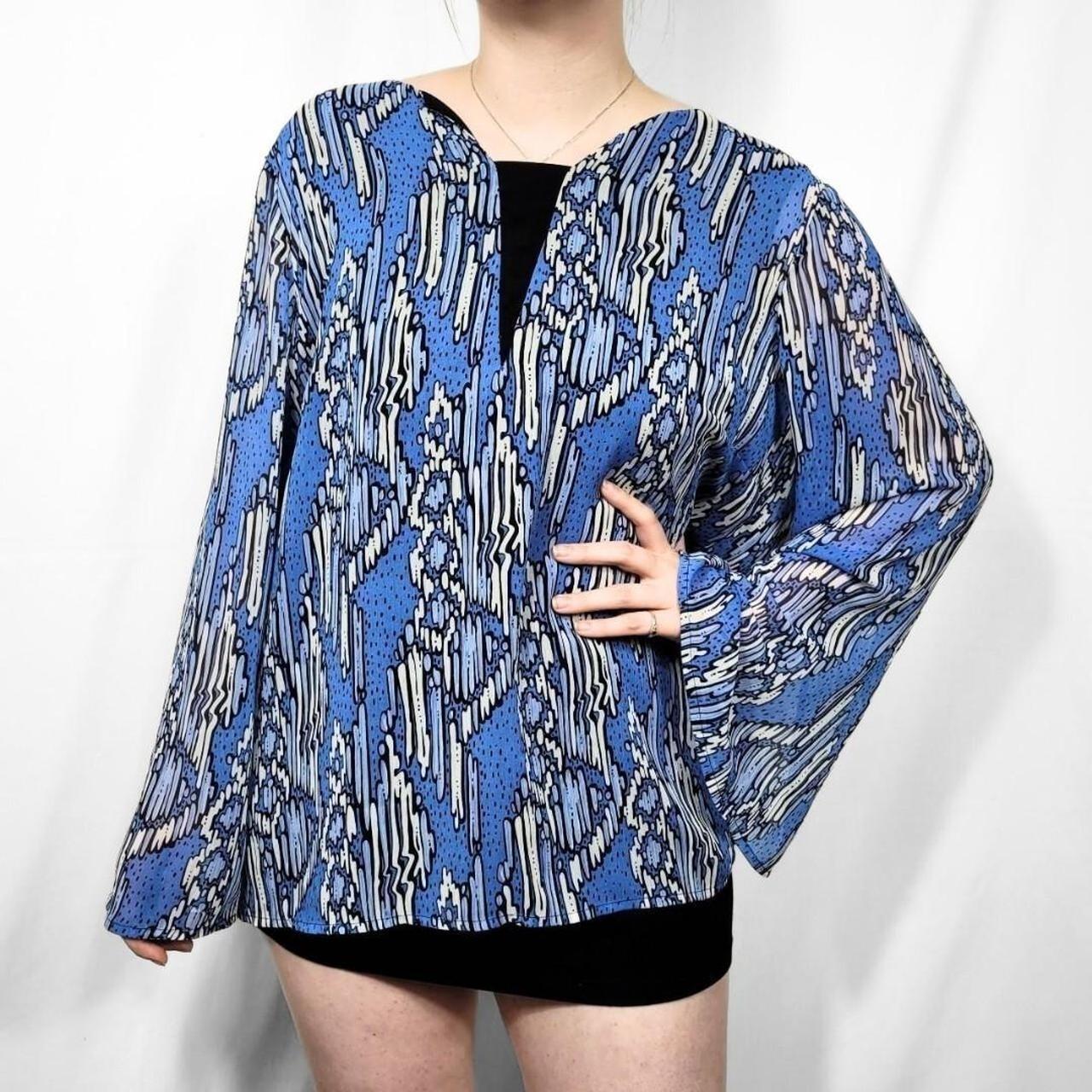 Vintage 90s Blue & White Boho Blouse with Bell Sleeves – Bob Mackie