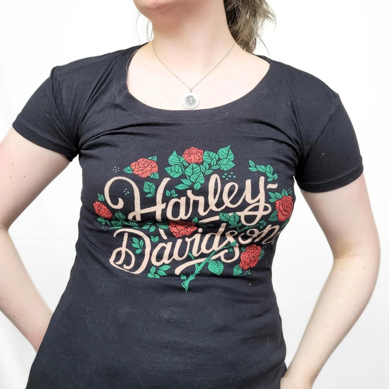Vintage Y2K Harley Davidson Black Rose Pattern T Shirt