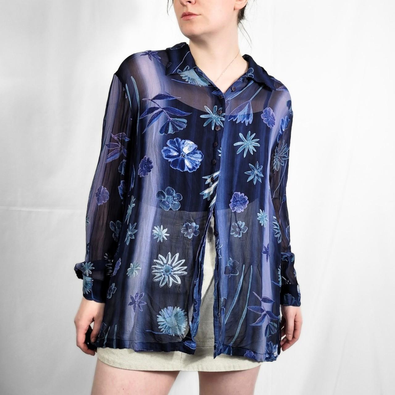 Y2K Blue Floral Sheer Blouse – Monsoon, Size M