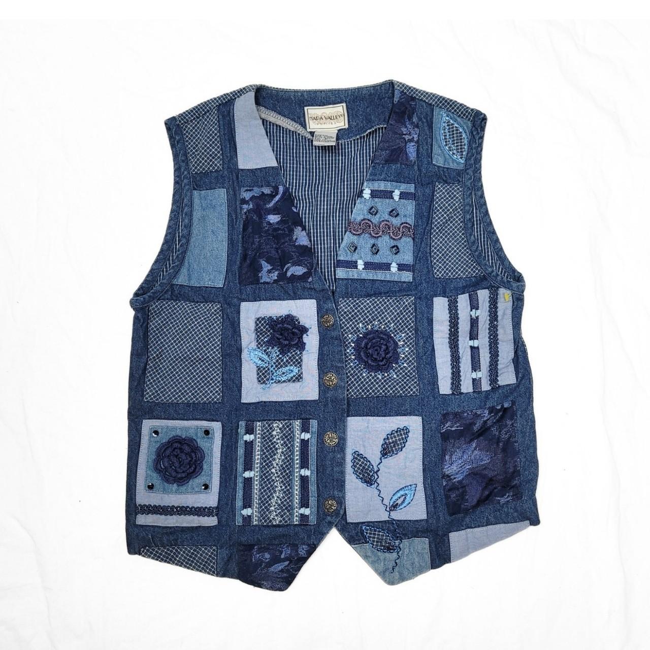 Vintage 90s Blue Patchwork Pattern Denim Vest / Waistcoat