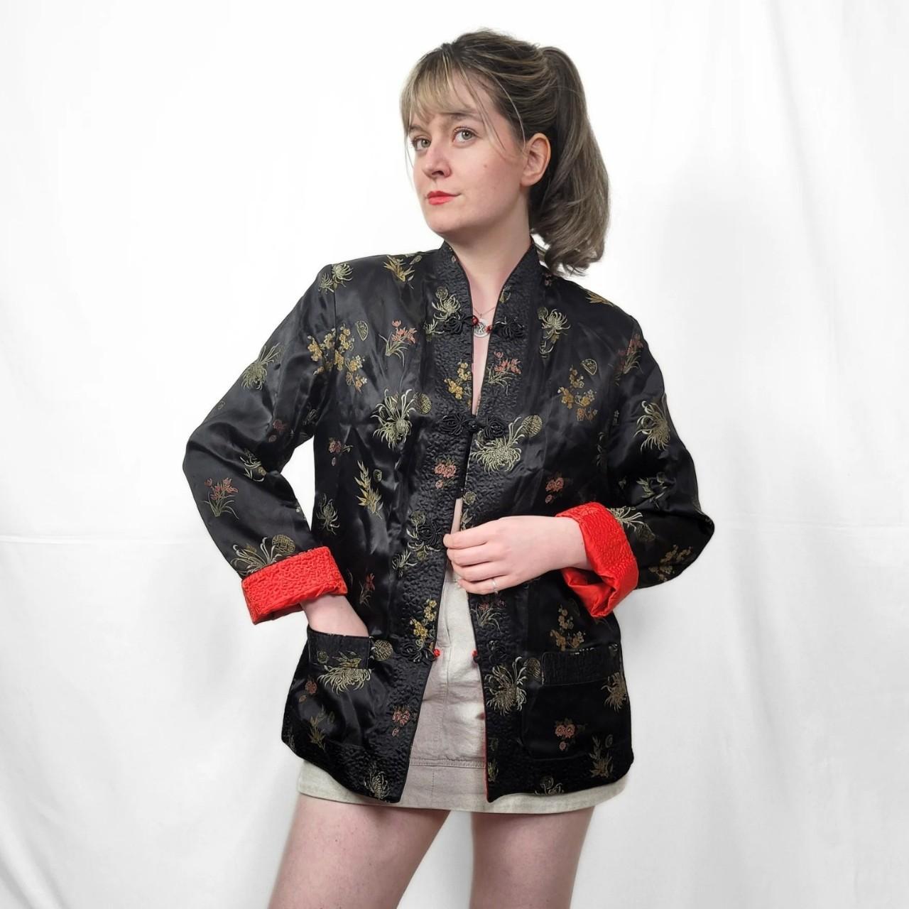 Vintage 90s Black Reverisble Chinese-Style Satin Jacket / Kimono