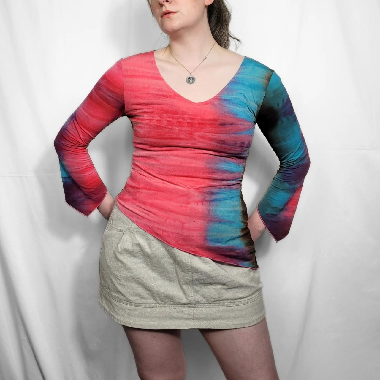 Vintage Y2K Multi-Coloured Tie-Dye Long Sleeve Top with Bell Sleeves | Size M
