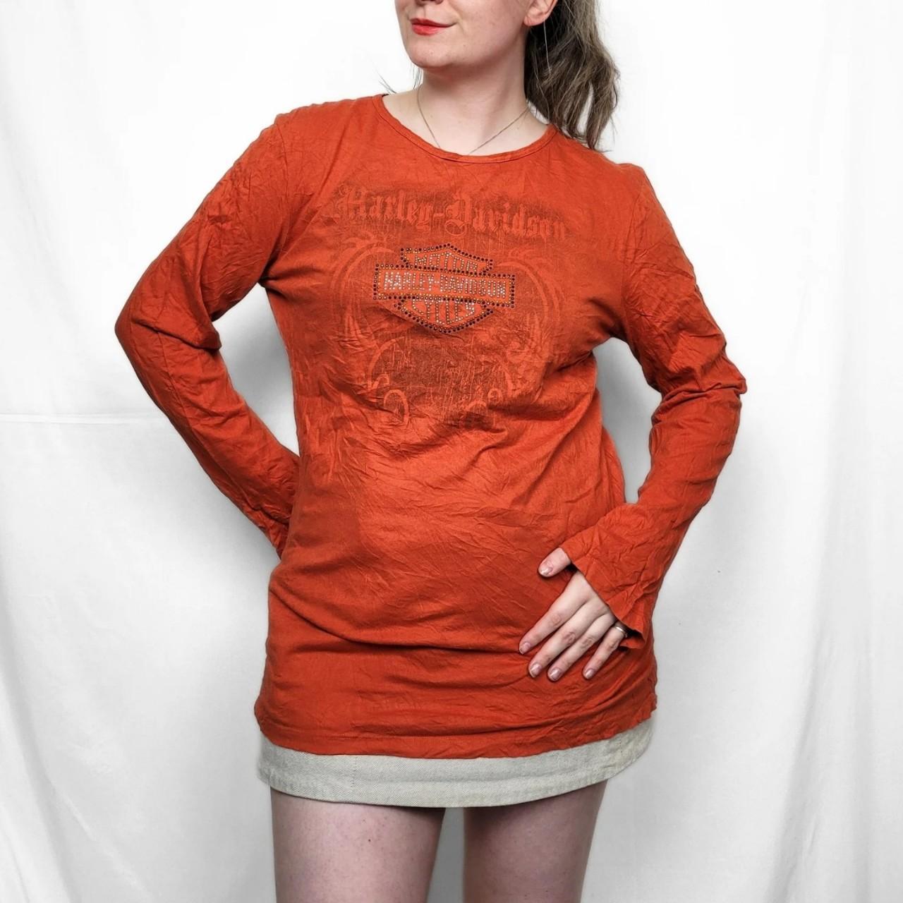 Vintage Y2K Harley Davidson Orange Graphic Long Sleeve Top
