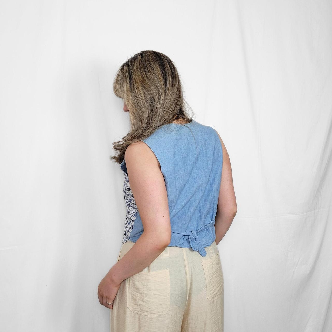 Vintage 90s White & Blue Floral Embroidered Denim & Cotton Vest | Size M