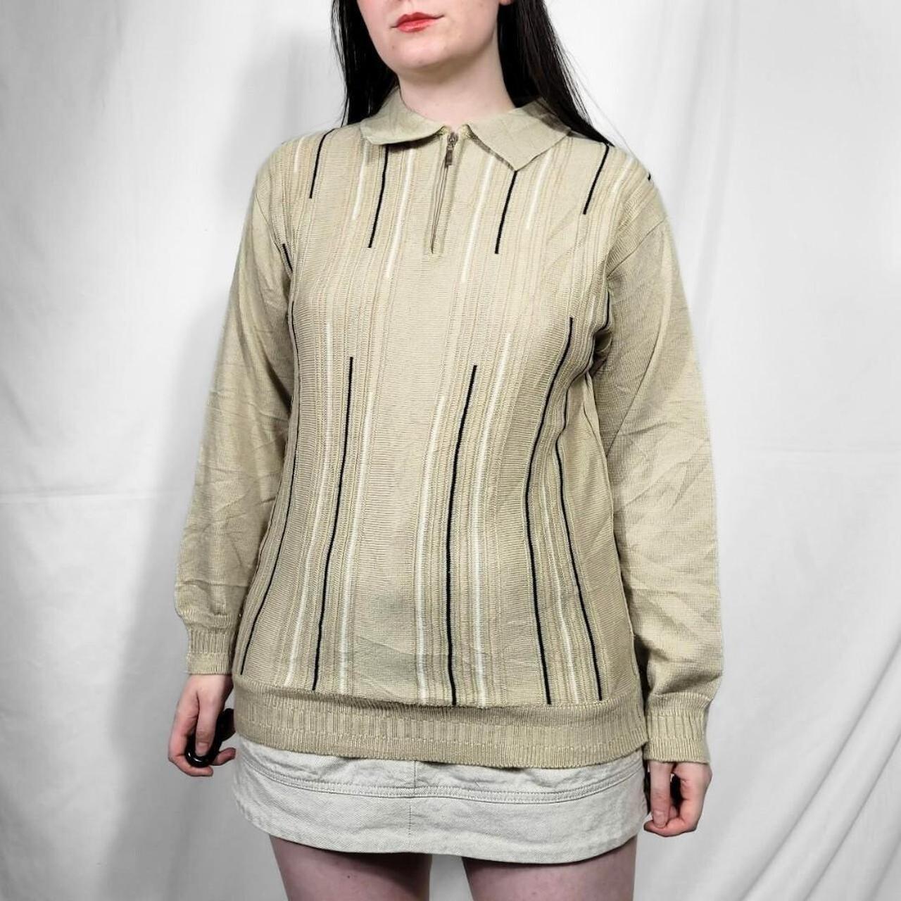 1990s Tan & Black Stripe Quarter Zip Knit Jumper