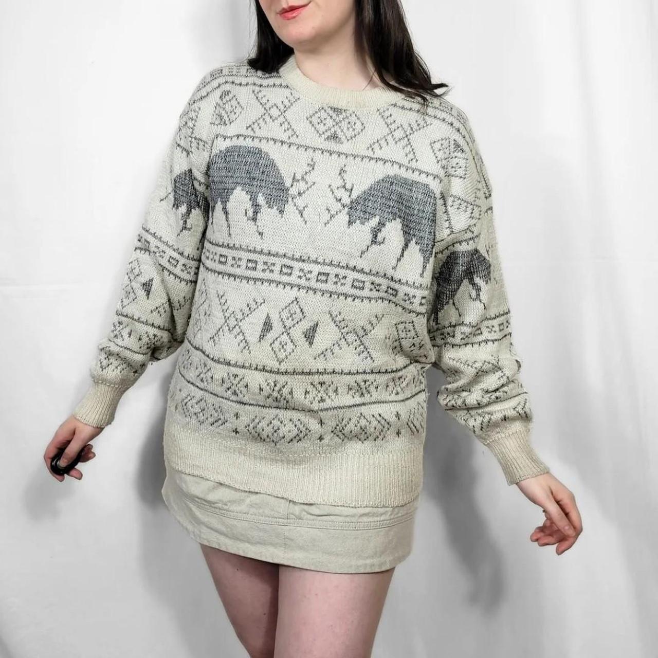Vintage 90s Cream Reindeer Pattern Knit Jumper