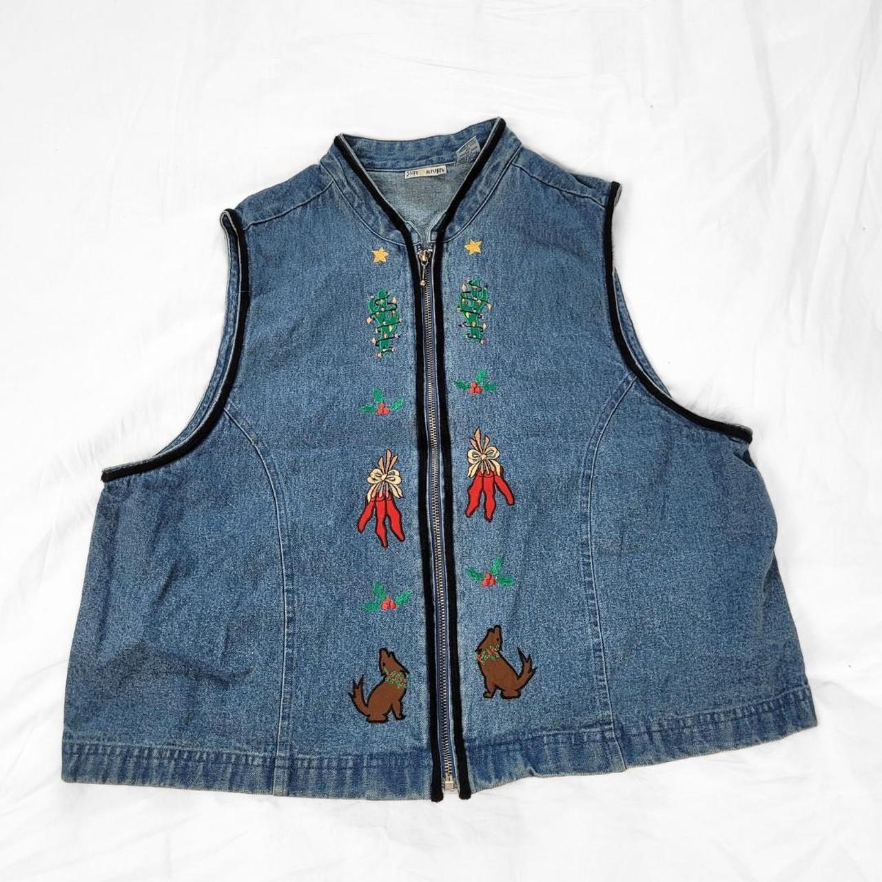 Vintage 90s Denim Waistcoat Vest with Dog, Cactus & Holly Embroidery