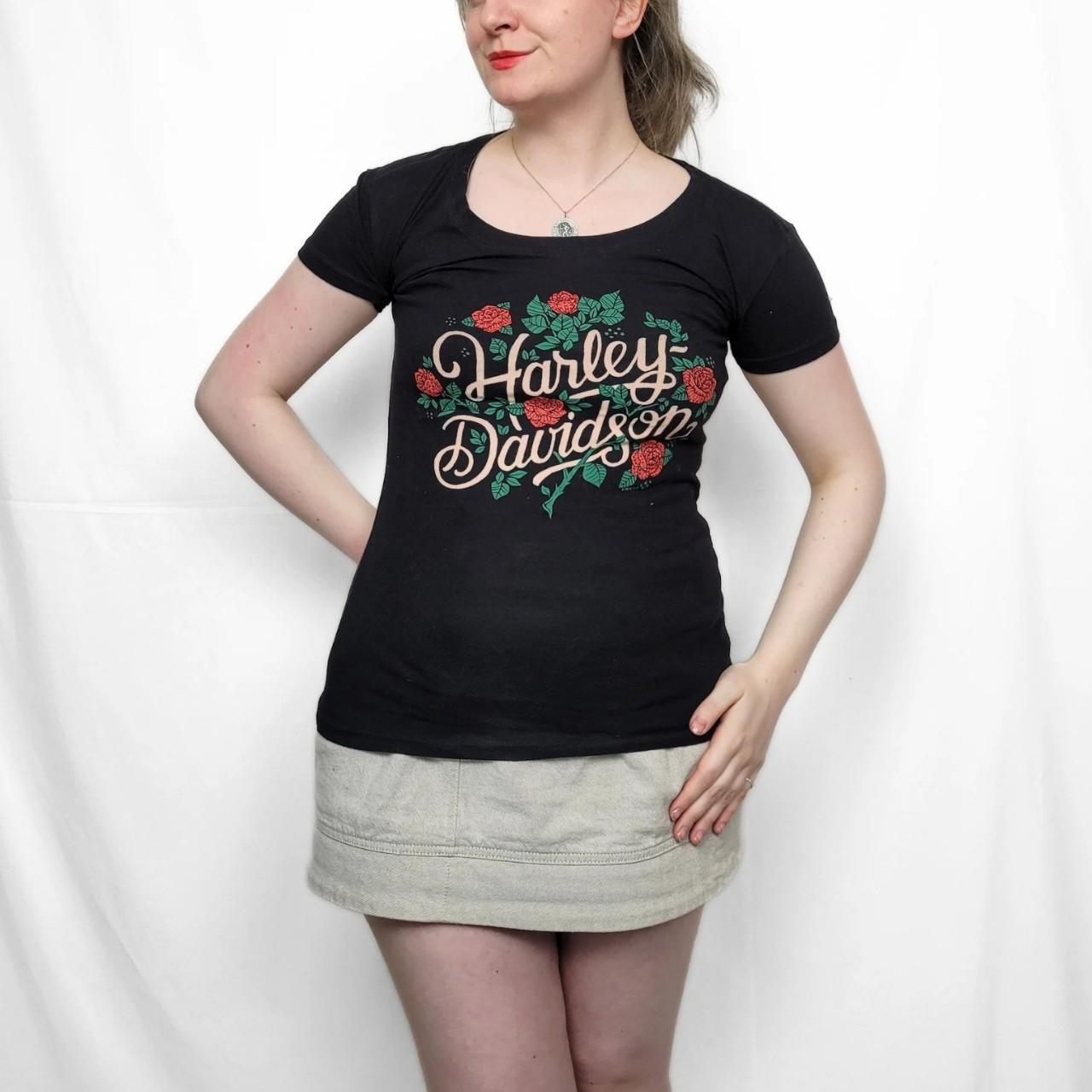Vintage Y2K Harley Davidson Black Rose Pattern T Shirt