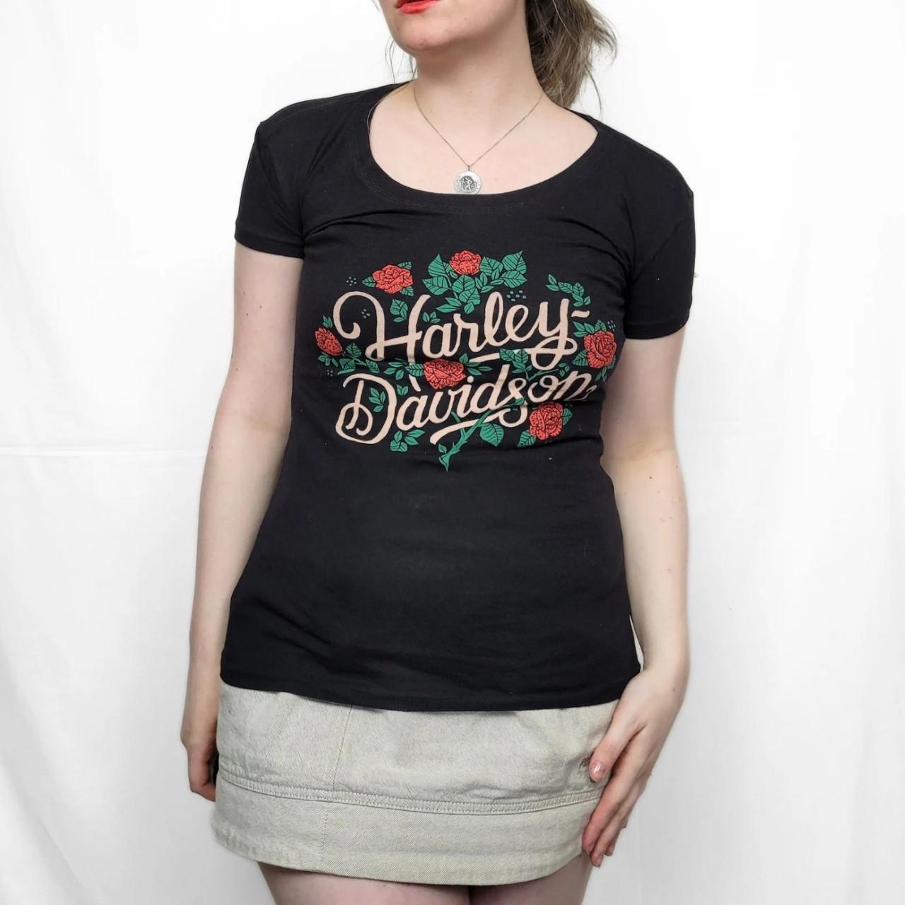 Vintage Y2K Harley Davidson Black Rose Pattern T Shirt