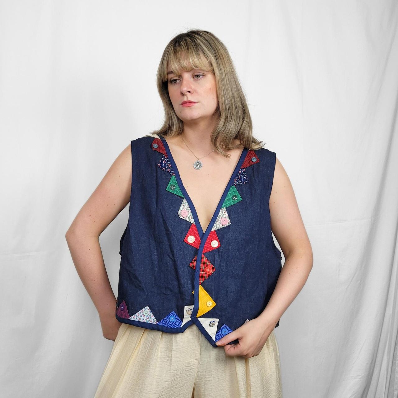 Vintage 90s Denim Waistcoat Vest with Rainbow Triangle Detail