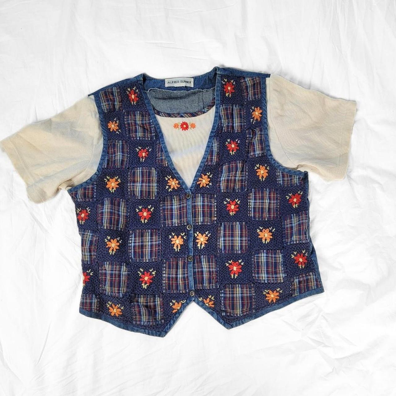 Vintage 90s Denim Waistcoat Vest with Sewn-in T-Shirt and Floral Patchwork Embroidery