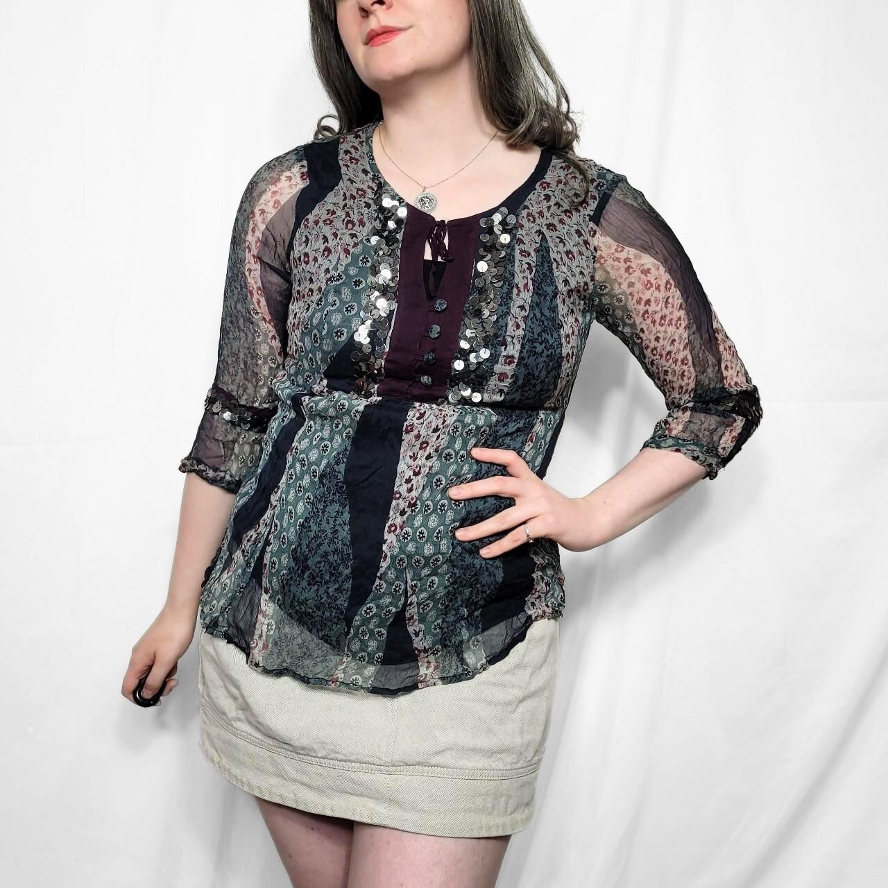 Vintage Y2K Floral Patterned Boho Sheer Top with Sequin Details