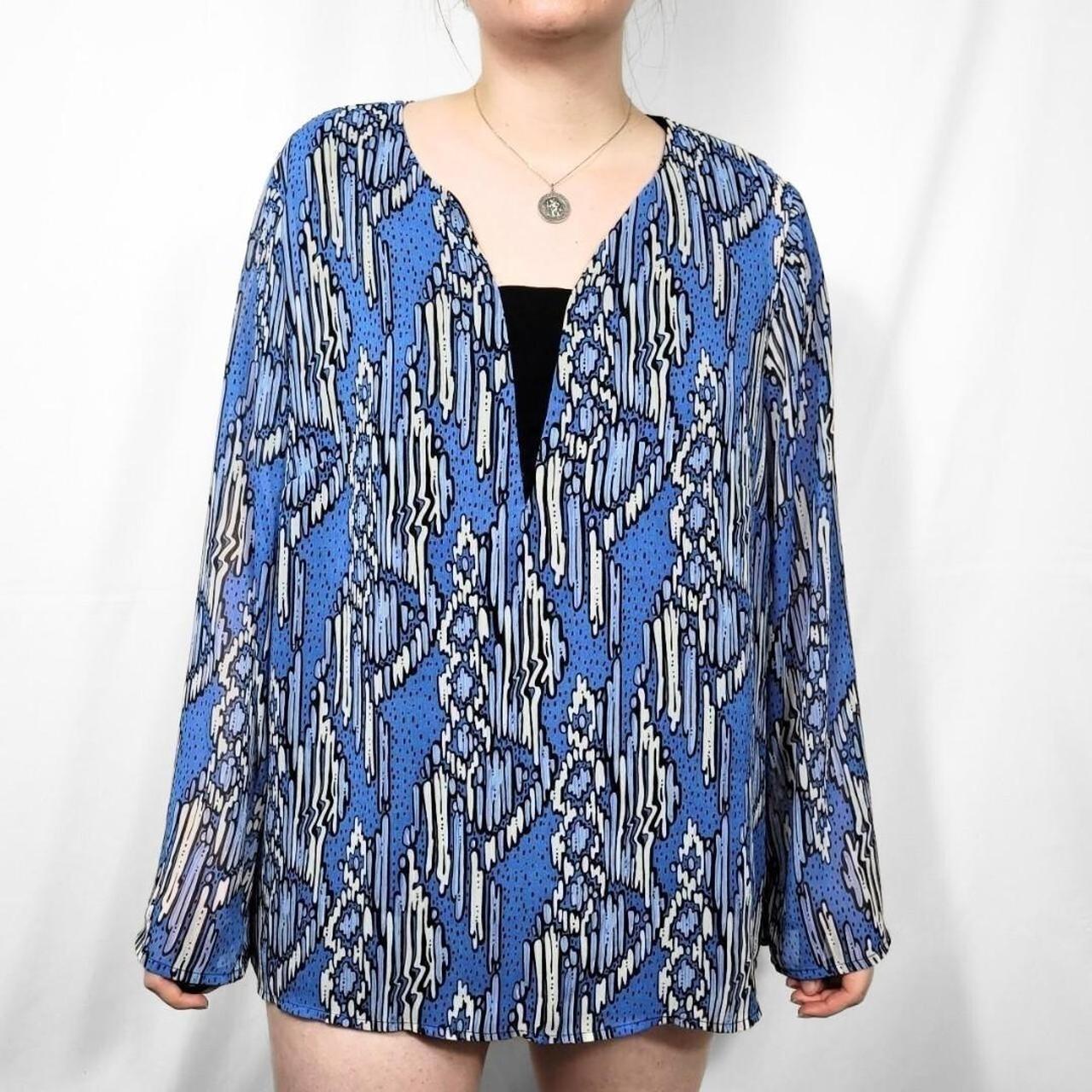 Vintage 90s Blue & White Boho Blouse with Bell Sleeves – Bob Mackie