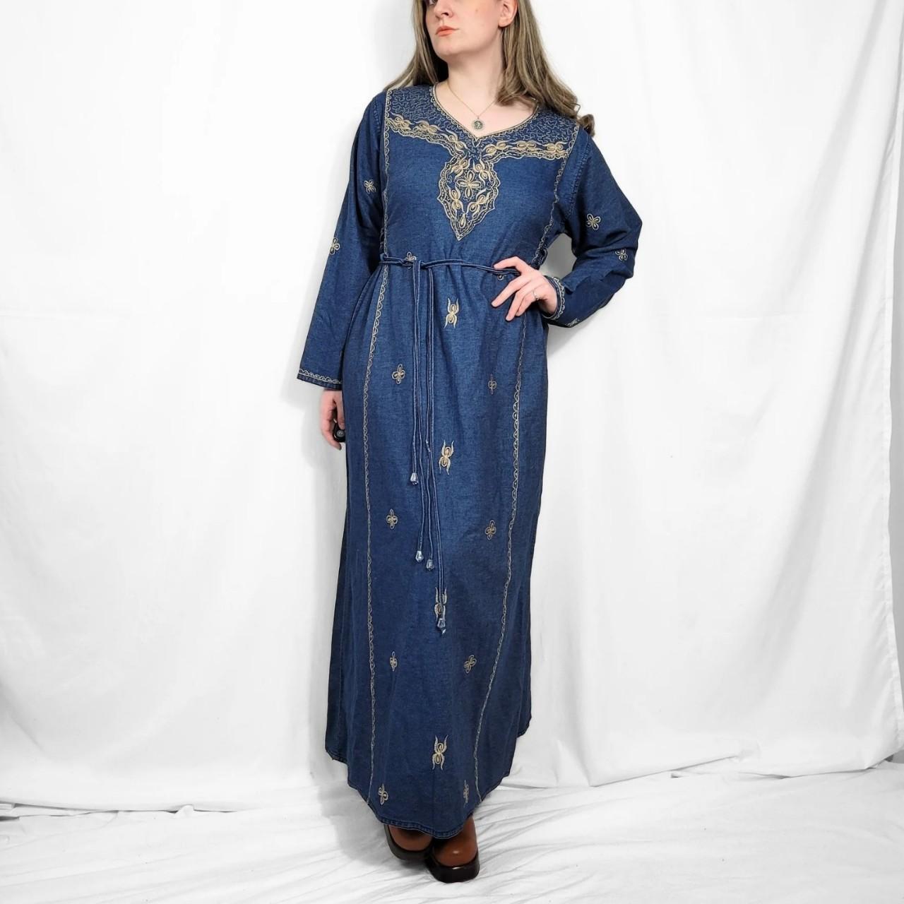 Vintage 90s Blue Denim Western Kaftan Maxi Dress