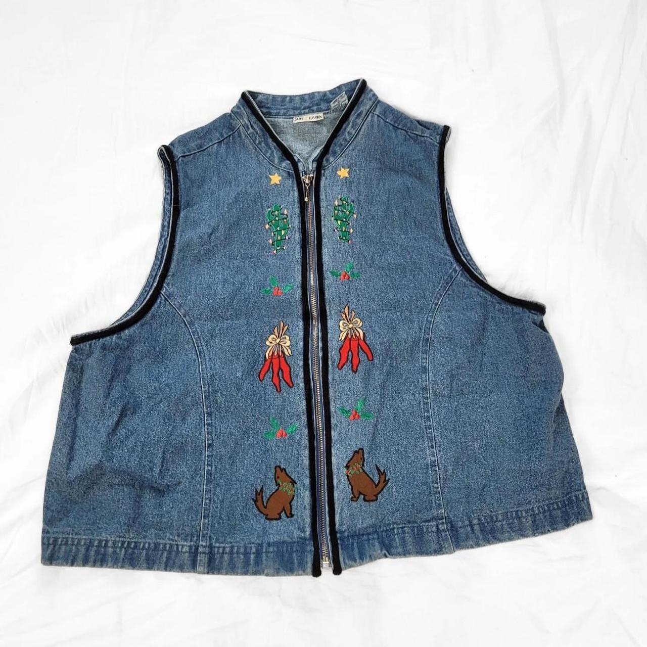 Vintage 90s Denim Waistcoat Vest with Dog, Cactus & Holly Embroidery
