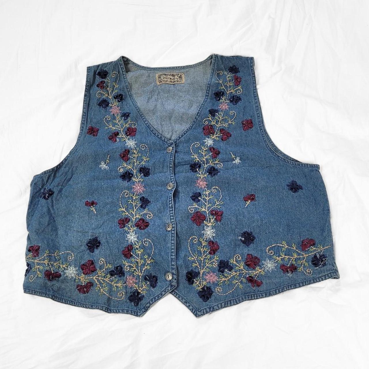 Vintage 90s Denim Waistcoat Vest – Purple Floral Embroidered Front, Western Fairy & Cottage Vibes