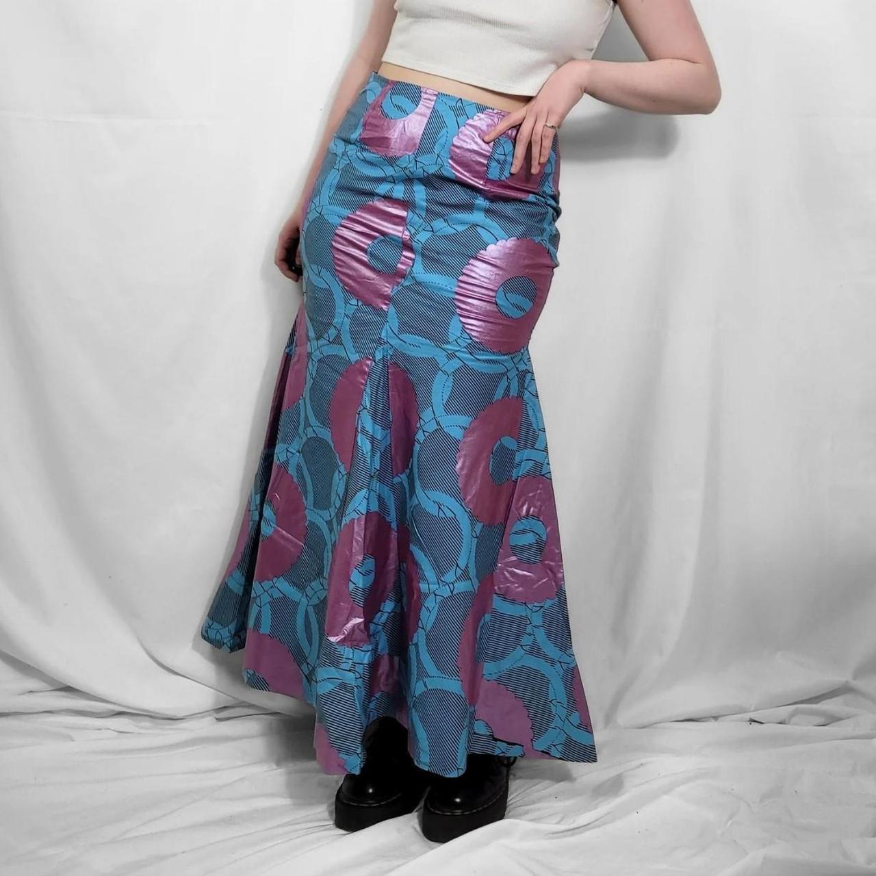 Vintage Y2K Blue & Pink Graphic Fishtail Maxi Skirt – Handmade Beauty