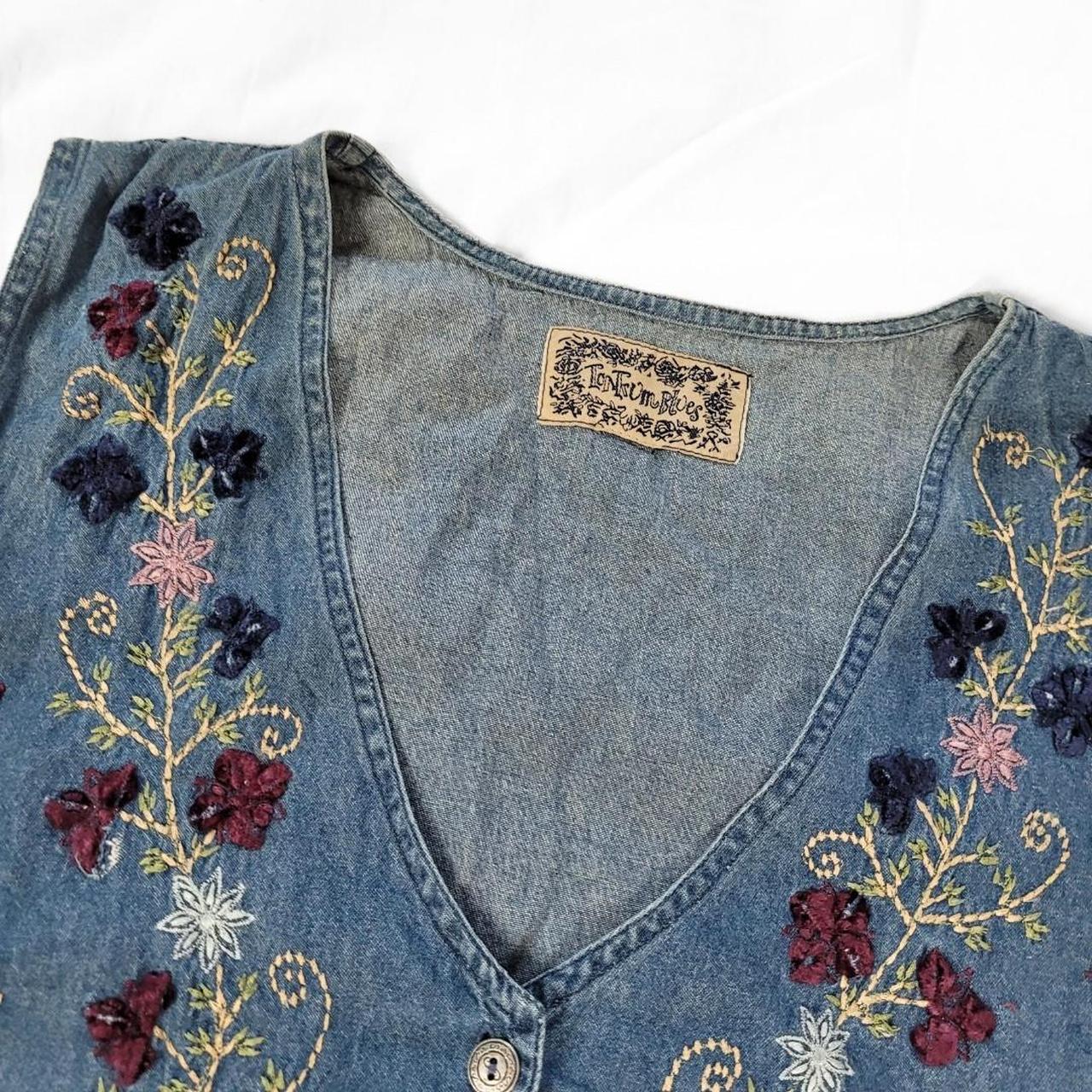 Vintage 90s Denim Waistcoat Vest – Purple Floral Embroidered Front, Western Fairy & Cottage Vibes