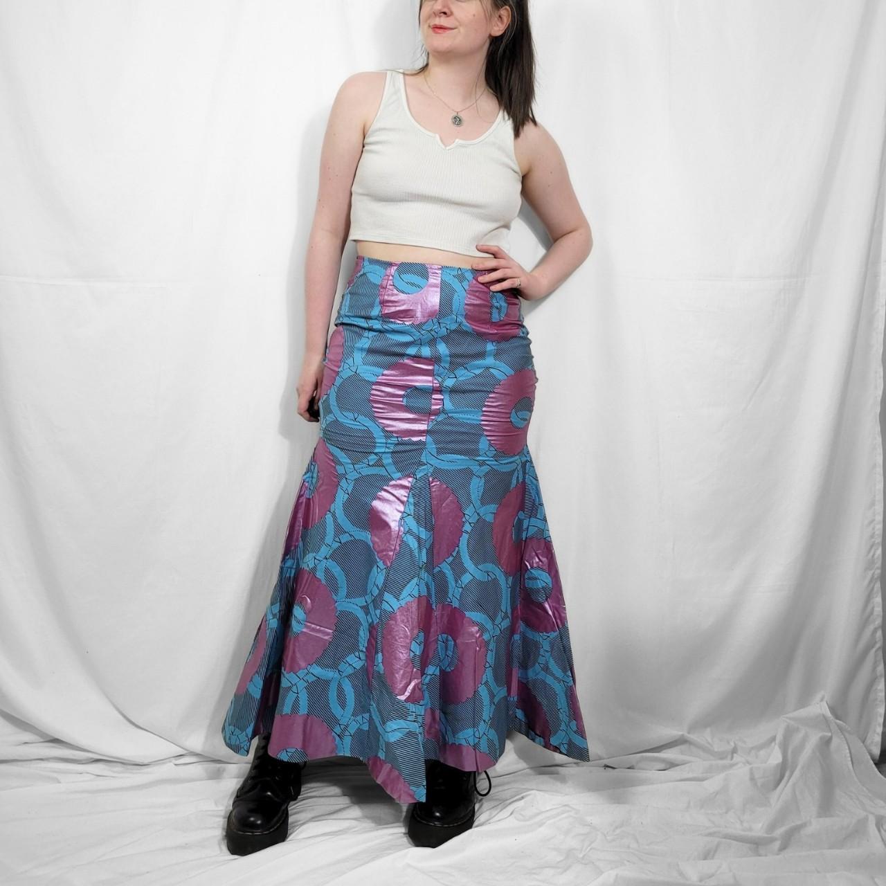 Vintage Y2K Blue & Pink Graphic Fishtail Maxi Skirt – Handmade Beauty