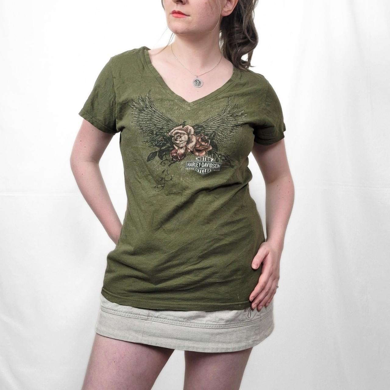 Vintage Y2K Harley Davidson Green Rose Pattern T Shirt