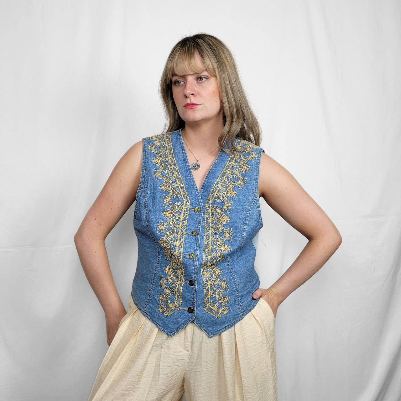 Vintage 90s Light Blue Embroidered Button Down Waistcoat
