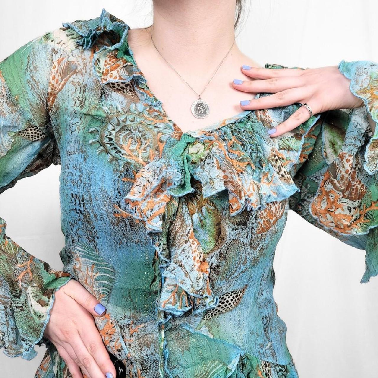 Y2K Multi-Coloured Mesh Blouse with Ruffle Sleeves & Neckline