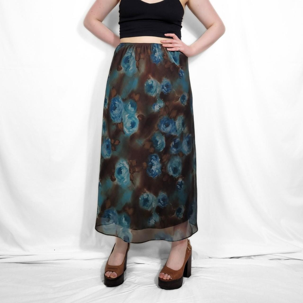 Y2K Blue Floral Maxi Skirt with Mesh Overlay