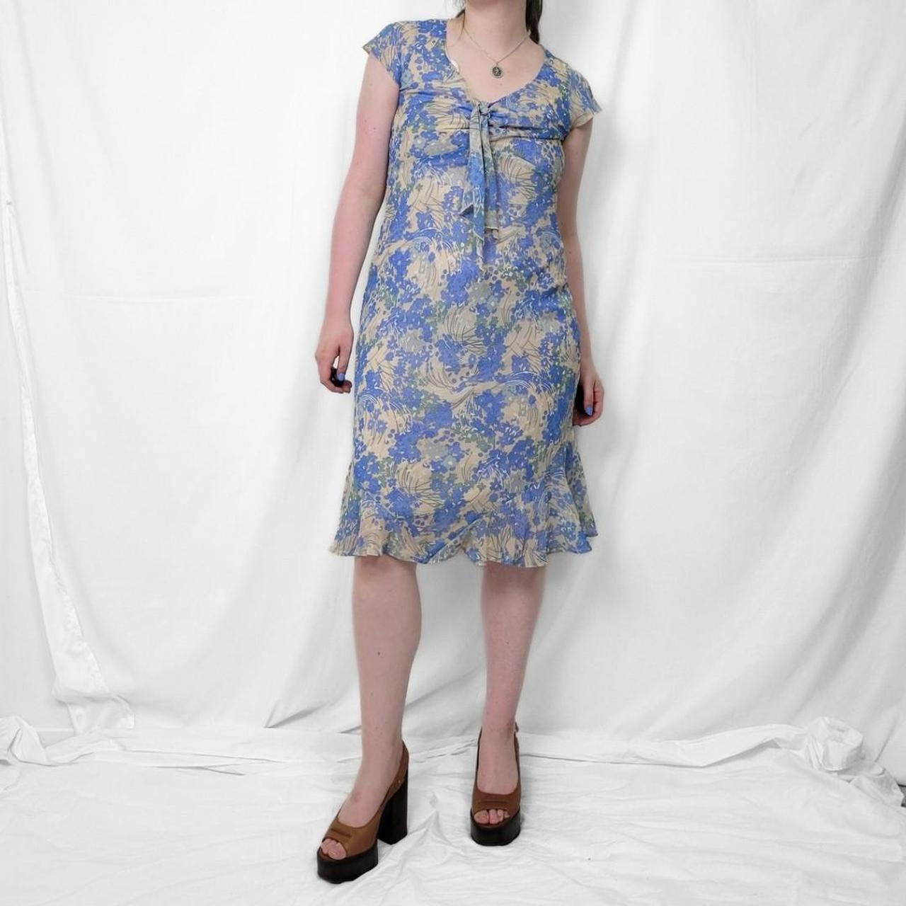 Y2K Blue Floral Midi Dress – Tie Front & Ruffle Hem