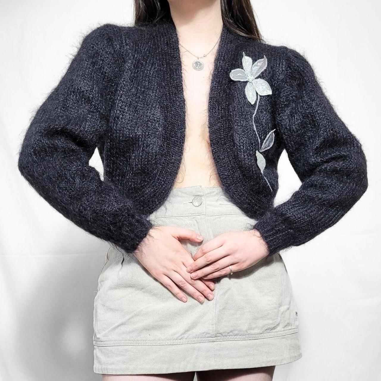 Vintage 90s Black Floral Mohair Cropped Cardigan