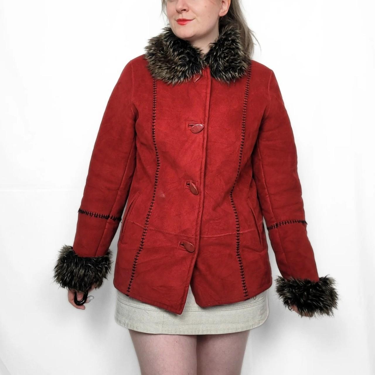 Vintage Y2K Red Faux Fur Suede Afghan Jacket
