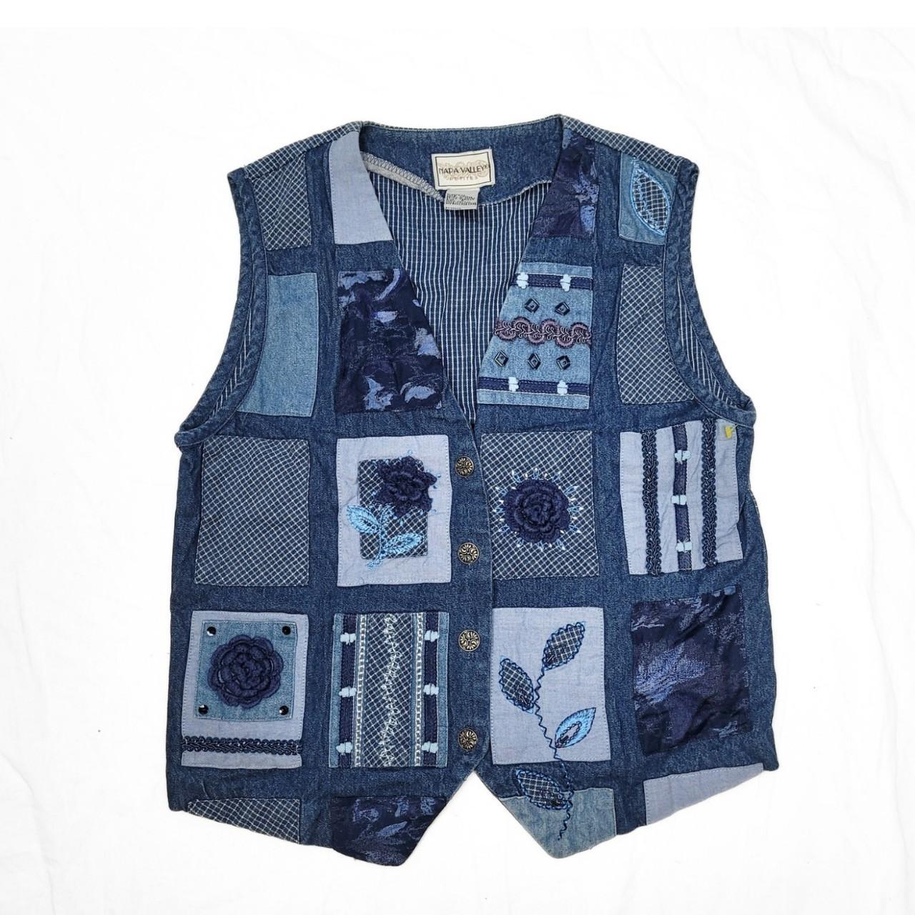 Vintage 90s Blue Patchwork Pattern Denim Vest / Waistcoat