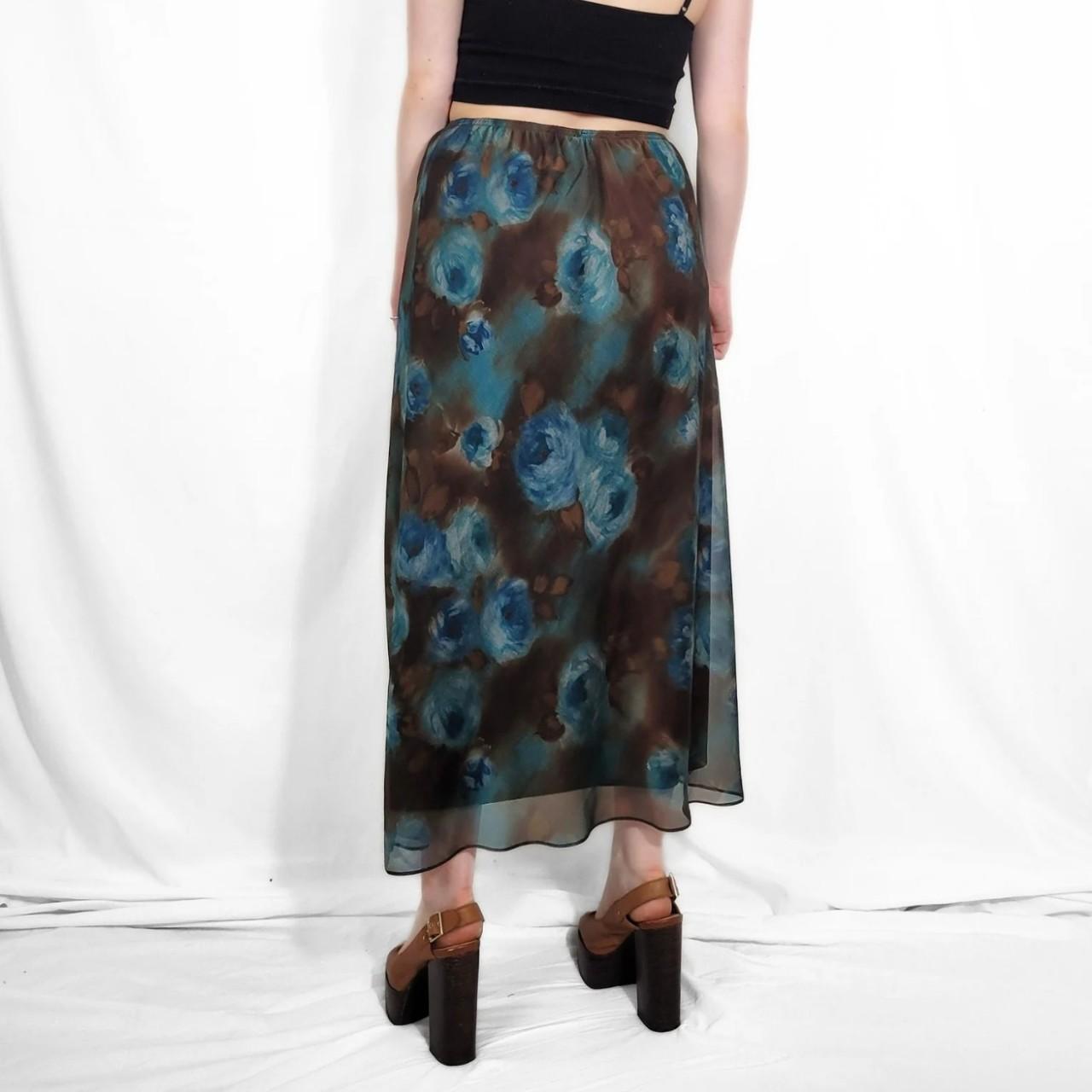 Y2K Blue Floral Maxi Skirt with Mesh Overlay