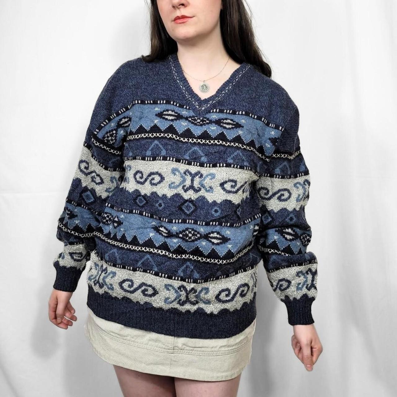 Vintage 90s Blue & White Graphic Pattern Knit Jumper