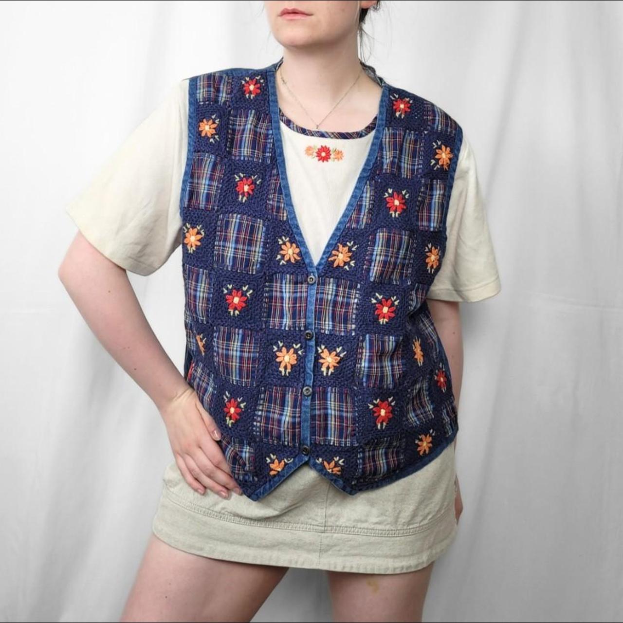 Vintage 90s Denim Waistcoat Vest with Sewn-in T-Shirt and Floral Patchwork Embroidery