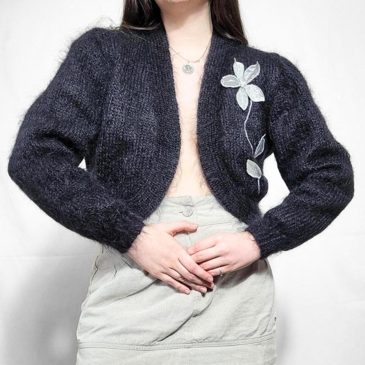 Vintage 90s Black Floral Mohair Cropped Cardigan