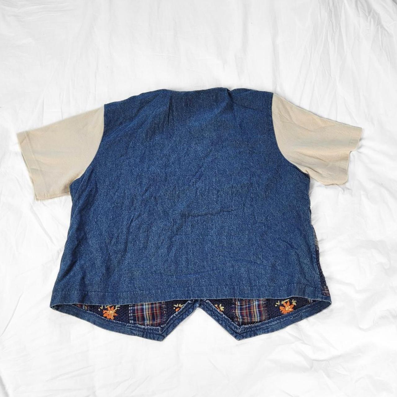 Vintage 90s Denim Waistcoat Vest with Sewn-in T-Shirt and Floral Patchwork Embroidery