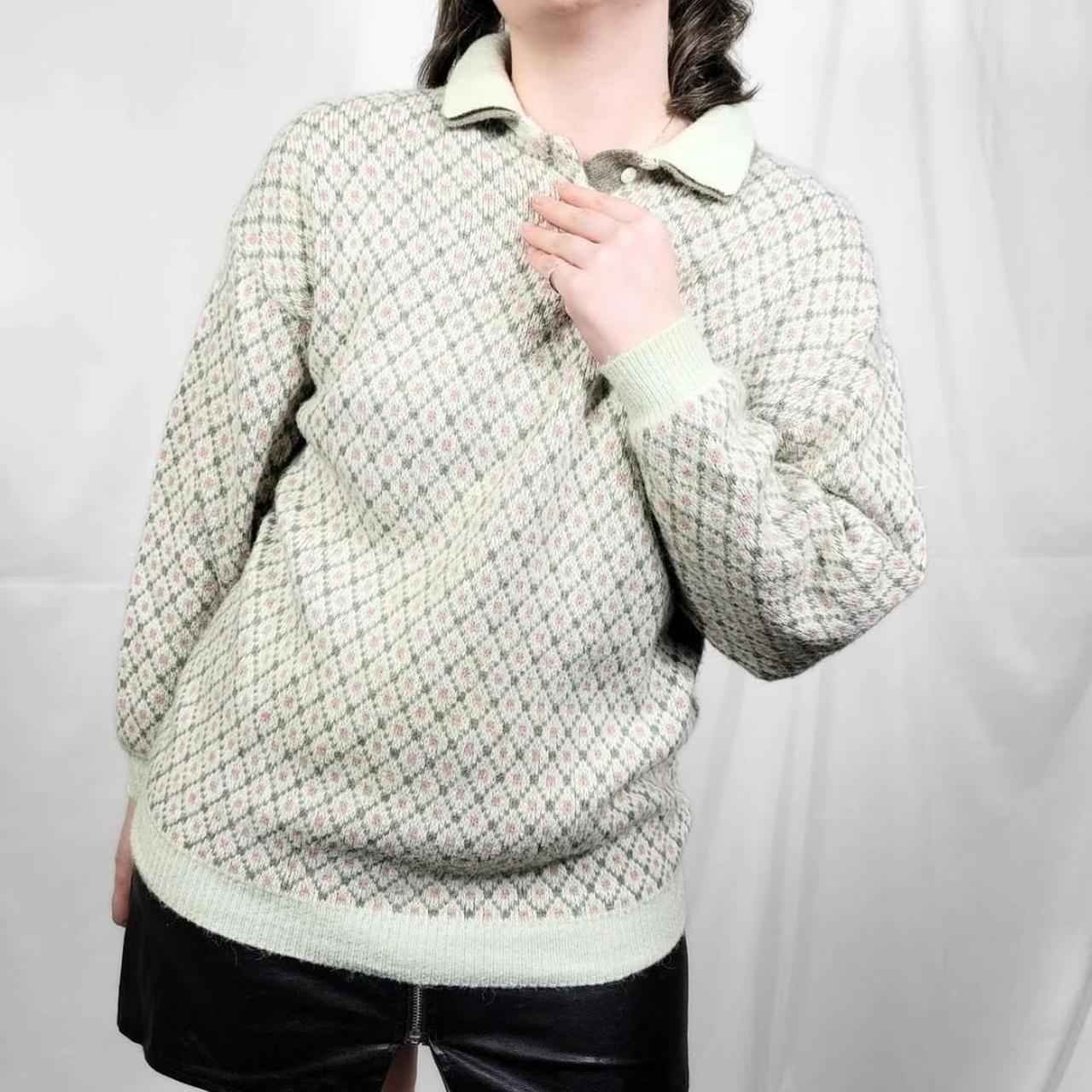 Vintage 70s Diamond Print Collared Knitted Jumper