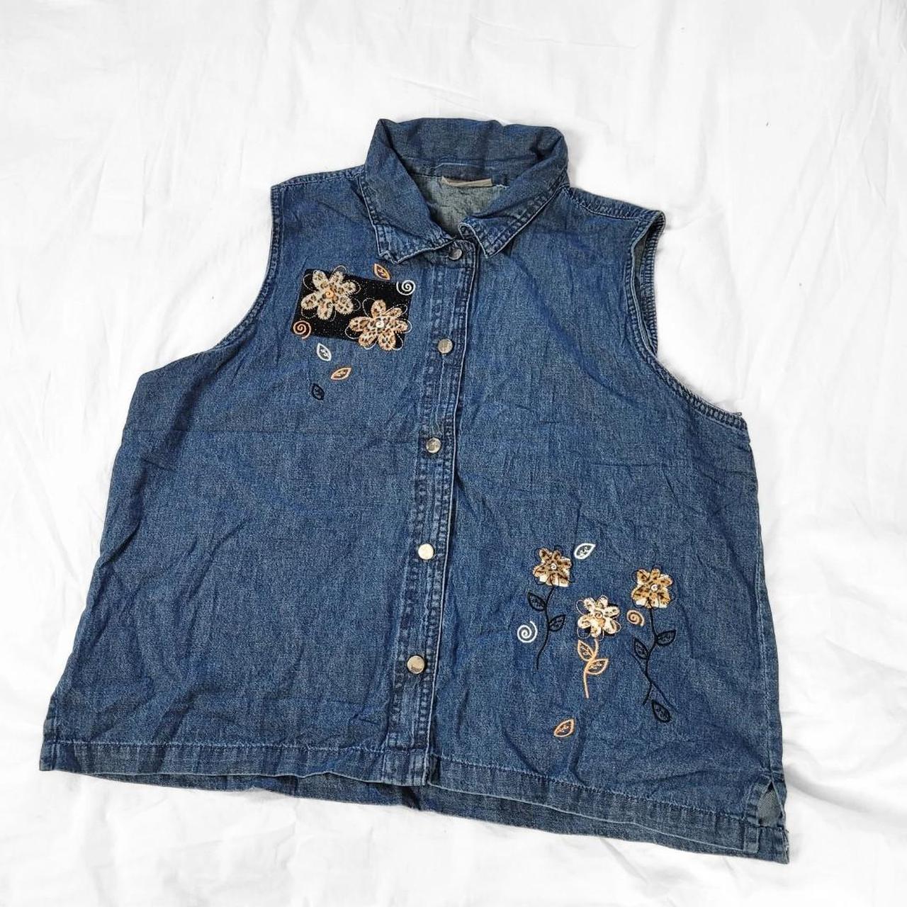 90s Vintage Denim Waistcoat Vest with Floral Embroidery