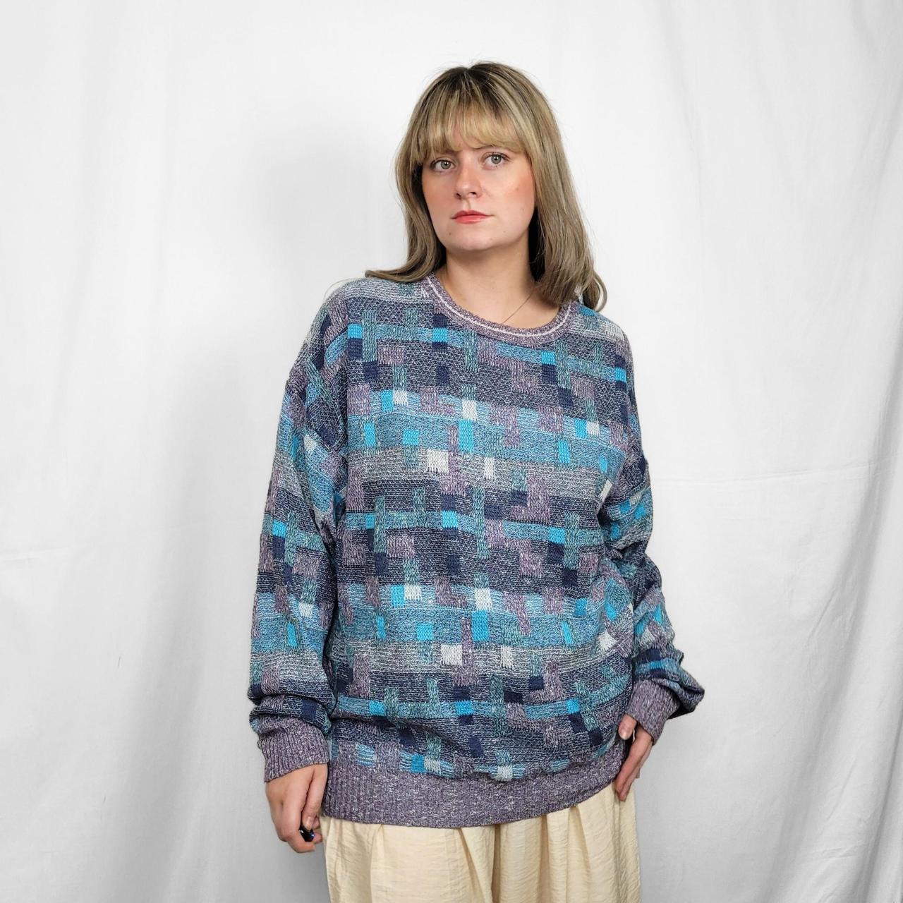 Vintage 90s Blue Retro Graphic Print Knit Jumper