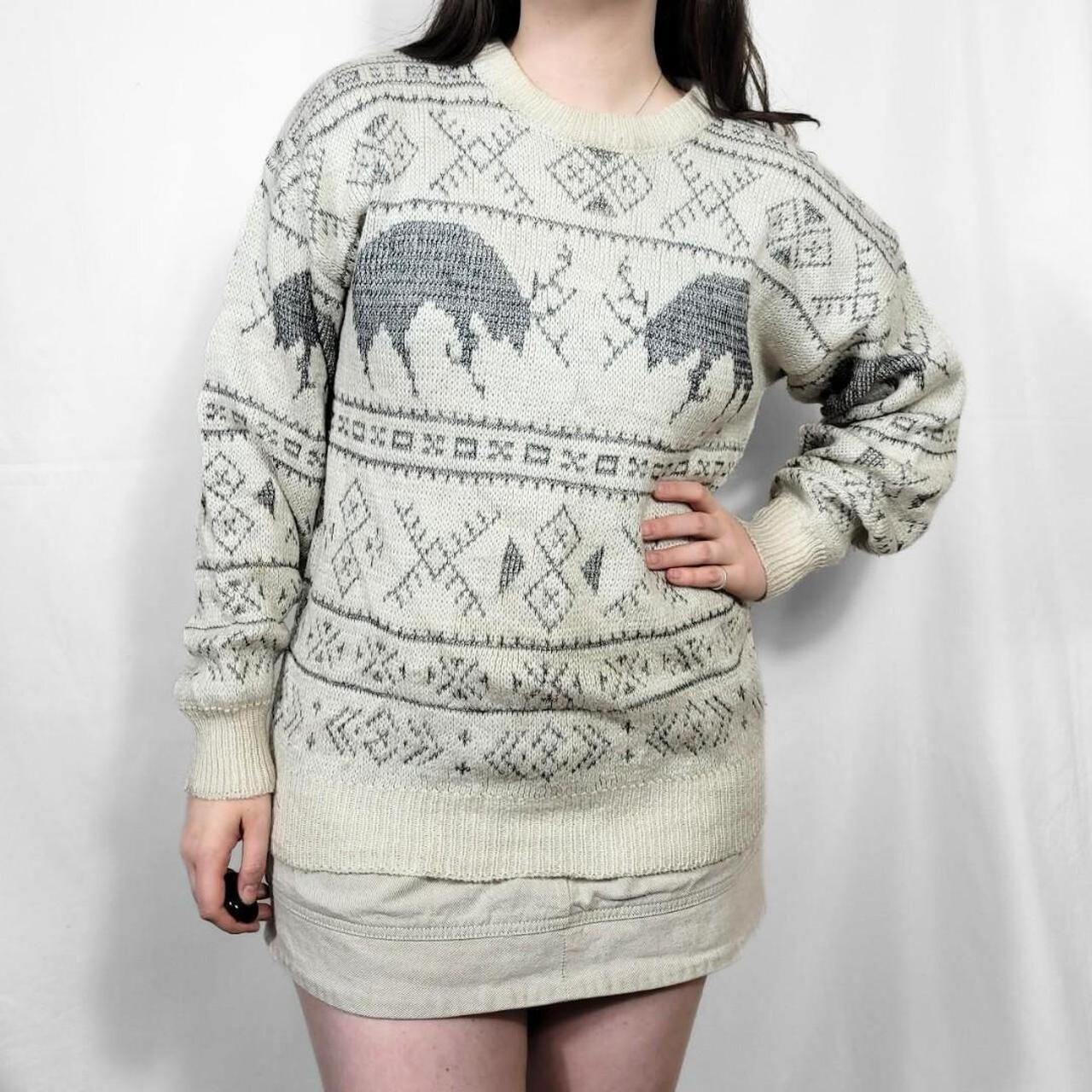 Vintage 90s Cream Reindeer Pattern Knit Jumper