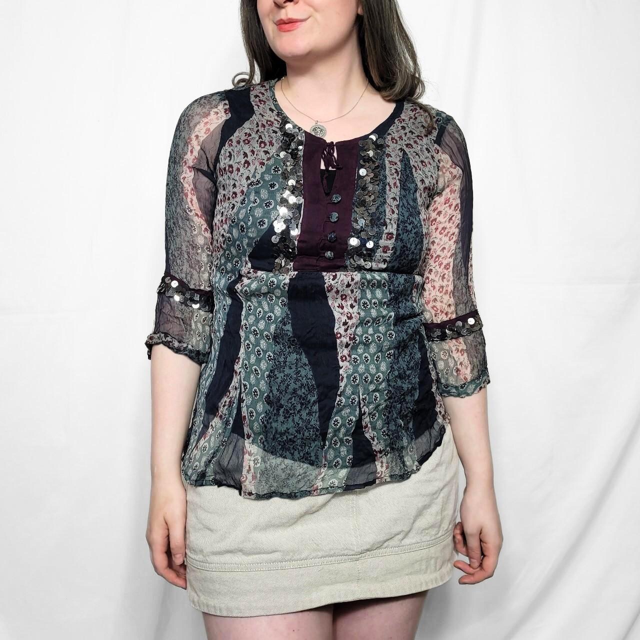 Vintage Y2K Floral Patterned Boho Sheer Top with Sequin Details