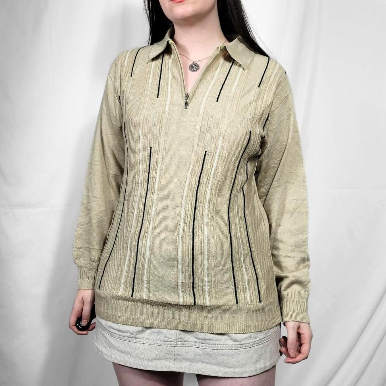 1990s Tan & Black Stripe Quarter Zip Knit Jumper