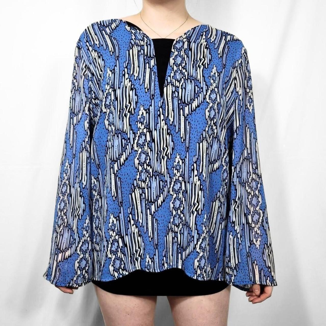 Vintage 90s Blue & White Boho Blouse with Bell Sleeves – Bob Mackie