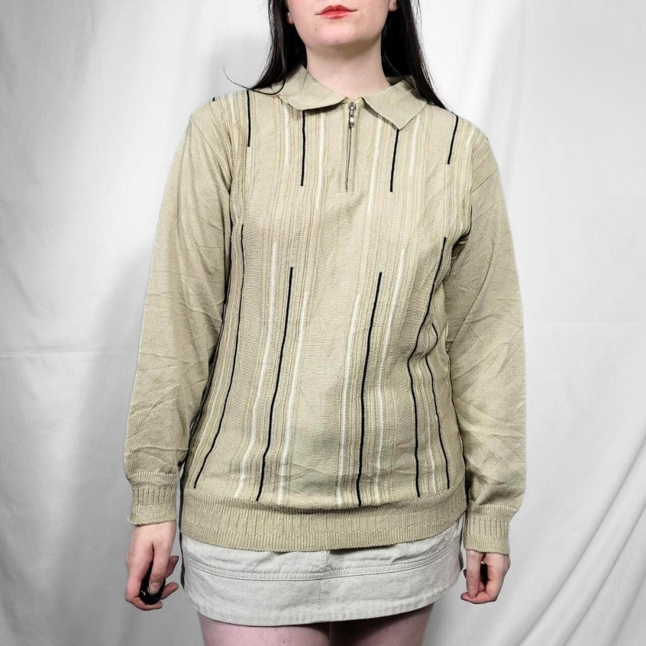 1990s Tan & Black Stripe Quarter Zip Knit Jumper