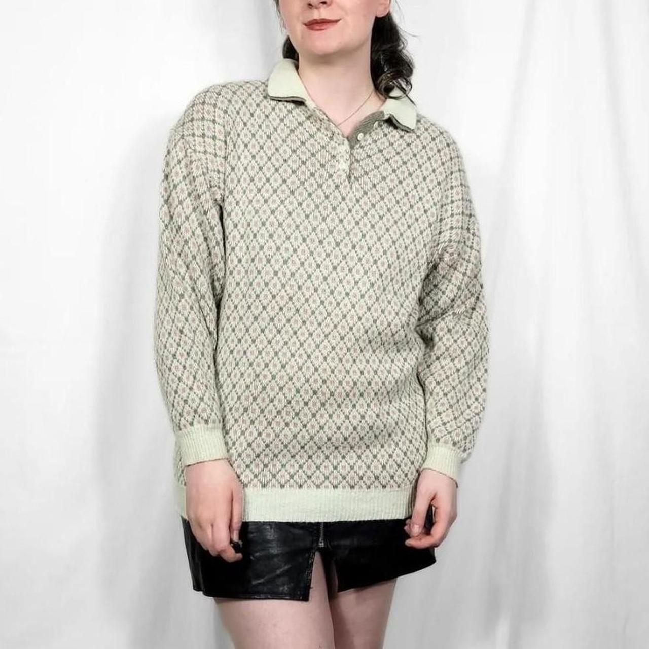 Vintage 70s Diamond Print Collared Knitted Jumper