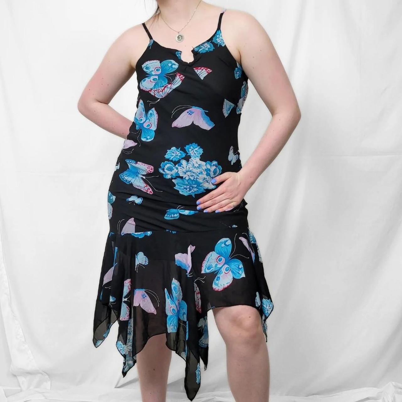 Y2K Black & Blue Butterfly Print Midi Dress – Asymmetrical Hem
