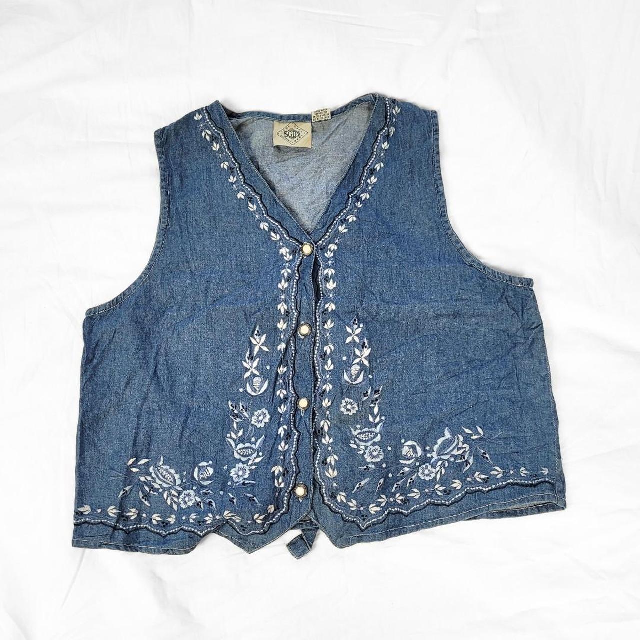 Vintage 90s Denim Waistcoat with Silver & Blue Floral Embroidery