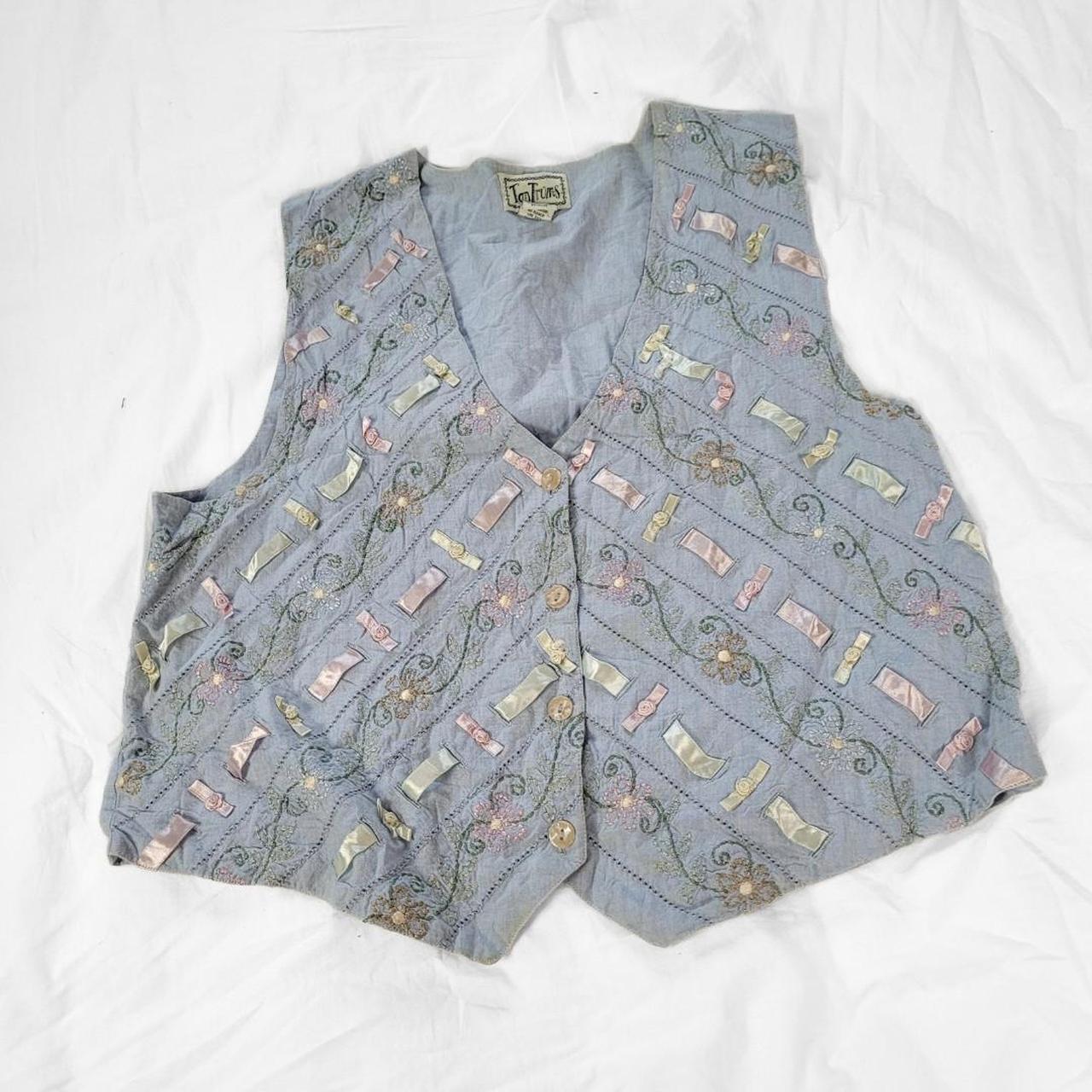 Vintage 90s Pastel Rose Embroidered Denim Waistcoat