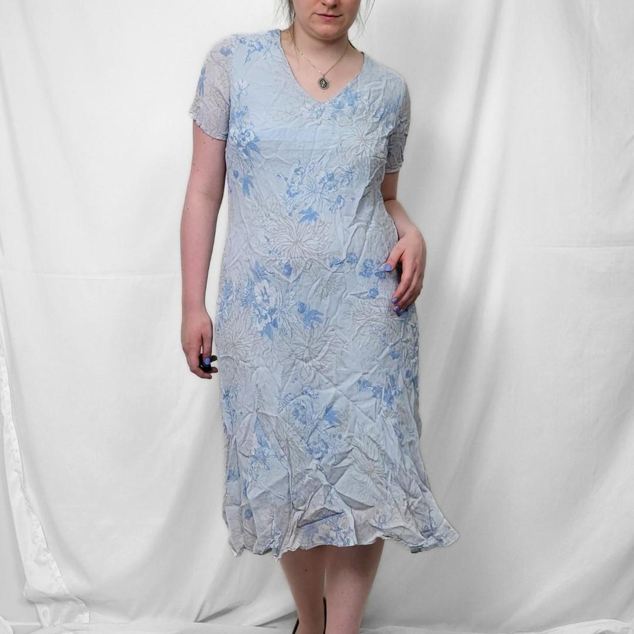 Y2K Baby Blue Floral Midi Dress with Sheer Sleeves & Lace Trim