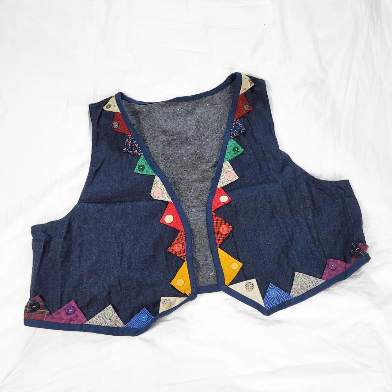 Vintage 90s Denim Waistcoat Vest with Rainbow Triangle Detail